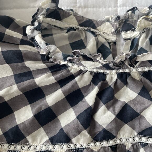 MARIE OLIVER Silk Blend Que Indigo Gingham Plaid Long Sleeve Ruffle Top L - Picture 7 of 15